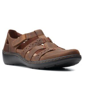 Clarks Collection Cora River Fisherman Cut Out Low Heeled Sandal Tan Leather 9.5